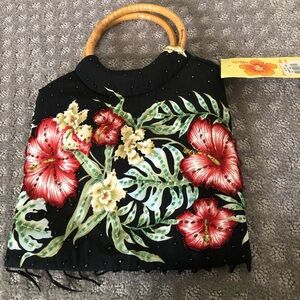 NWT Black Beaded Hibiscus Bag